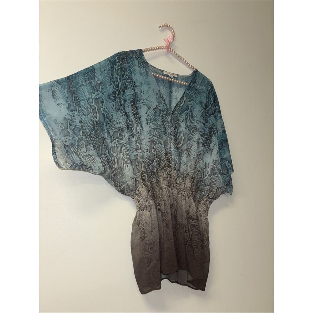 Monograph Sz Sm Snake Skin Print Teal Brown Blouse Sheer Swim Cover‎ Up Beachy - Picture 2 of 5